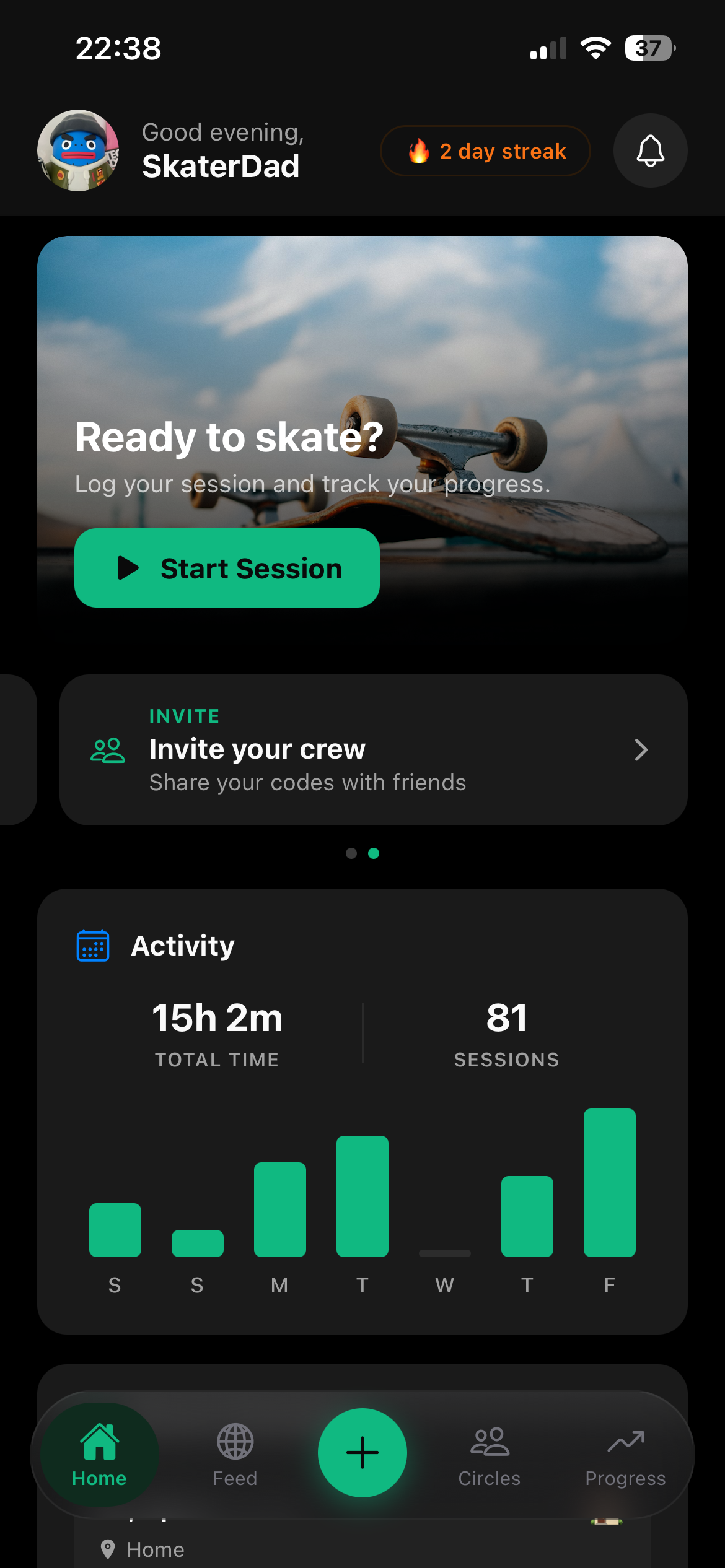 Sessions home screen